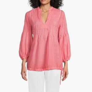 120% Lino Pintuck Blouse Women's 46 US 10 Pink Linen V-neck Poet Coastal Grandma